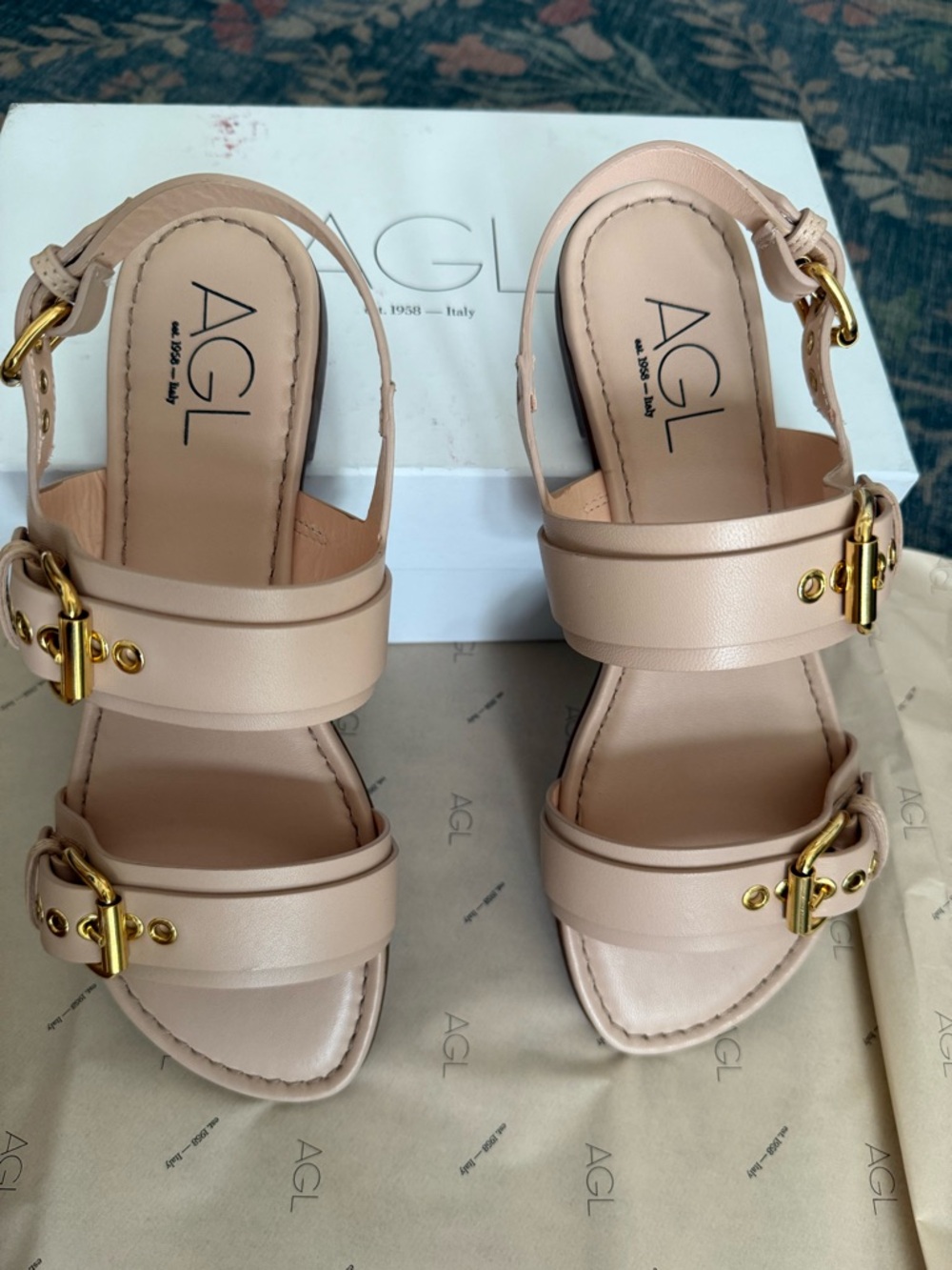 AGL Nude Leather Double Buckle Slingback Sandals US 9